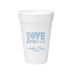 Customize this cup for themed wedding barware your guests will enjoy. Featuring our Love word art, add the bride and groom's initials, wedding location and date for a personal touch. Perfect for a casual or outdoor reception, these foam cups can hold either hot or cold drinks. 