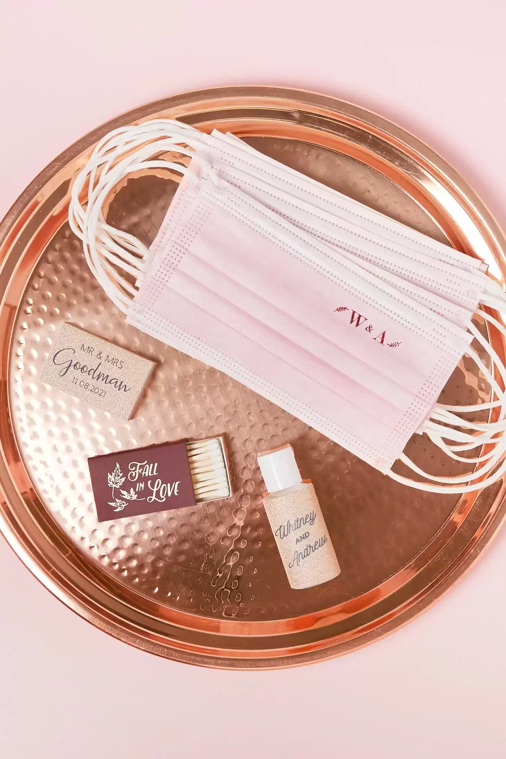 custom face masks and sanitizer are a great wedding favor this year
