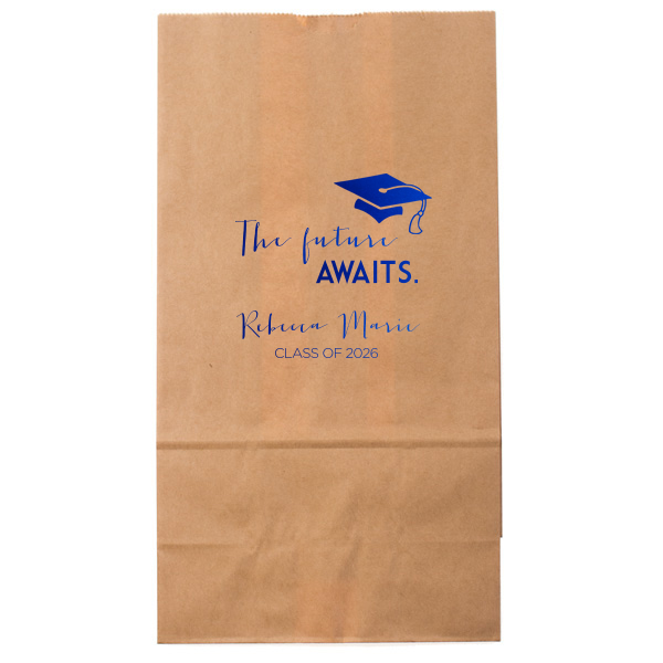Our beautiful custom Ivory Party Bag with Shiny Royal Blue Foil has a Cap graphic and is good for use in Graduation themed parties and will impress guests like no other. Make this party unforgettable.
