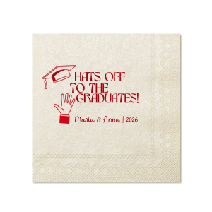 Applaud the new graduate with the Hats Off Graduation Cheer Napkin, emblazoned with a celebratory hand tossing a graduation cap and the phrase "Hats off to the graduate," personalized with the graduate's name and year. A perfect addition to any graduation festivity.