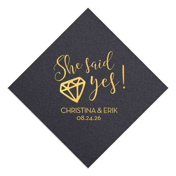 Celebrate the joy of a new engagement with our She Said Yes Diamond Napkin. Its vibrant text and sparkling diamond image exude excitement and happiness. Personalize with the couple’s names and the special date, making it perfect for engagement parties, toasting to the future, and marking the beginning of a beautiful journey together.