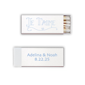 Kindle romance with the Je T'aime Match, whispering 'I love you' in French, adorned with a heartfelt flourish. This matchbox, bearing the couple's names and date, is a tender nod to love with a Parisian touch.