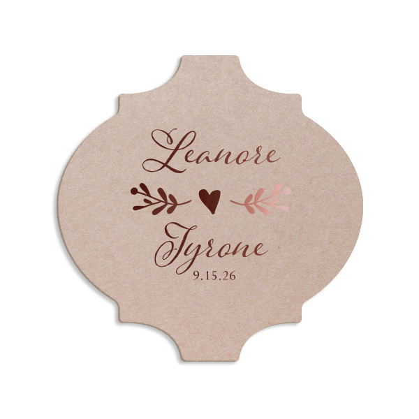 ForYourParty's personalized Eggshell Scallop Coaster with Shiny Rose Quartz Foil has a Twig Flourish graphic and is good for use in Floral and Wedding themed parties and will make your guests swoon. Personalize your party's theme today.
