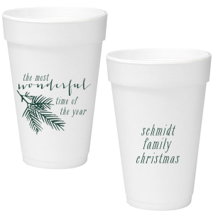 Embrace the holiday spirit with the Pine Christmas Family Name Foam Cup, where 'the most wonderful time of the year' unfurls beside a festive pine branch. Personalized with your family name, this cup brings nostalgic cheer to each sip and toast.