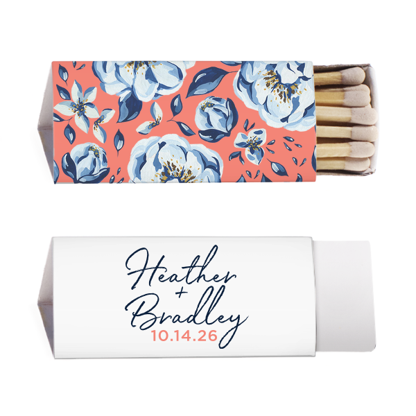 Our custom White Square Custom Photo Matchbox with Matte Light Coral Ink Digital Print Colors and Matte Navy Ink Digital Print Colors will make your guests swoon. Personalize your party's theme today.