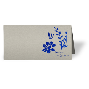 Personalized Natural Gray Classic Place Card with Shiny Royal Blue Foil has a Garden Flower Accent graphic and is good for use in Floral, Accents and wedding themed parties and will give your party the personalized touch every host desires.