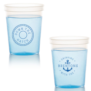 ForYourParty's chic Navy 16 oz Stadium Cup with Matte White Ink Cup Ink Colors has a Dotted Frame 1 graphic and a Anchor Frame graphic and is good for use in Travel, Beach/Nautical, Father's Day themed parties and can be personalized to match your party's exact theme and tempo.