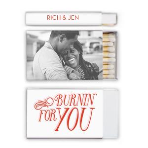 ForYourParty's chic White Classic Custom Photo Matchbox with Matte Blush Ink Digital Print Colors and Matte Poppy Ink Digital Print Colors has a Burning For You graphic and a Burning For You graphic and is good for use in Words, Calligraphy, Wedding themed parties and will make your guests swoon. Personalize your party's theme today.