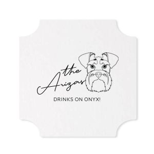 Get your pup in on the action by personalizing a coaster for your wedding or event with schnauzer clip art! You can customize this coaster with the name of your dog best friend and your last name. 