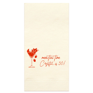 Celebrate another year of purr-fection with the Meowtini Time Birthday Napkin, featuring a whimsical drawing of a cat lounging in a martini glass, olives playfully tumbling out. Beside it, the phrase "Meowtini Time" invites a smile, with space for your name and new age in a chic script. The ultimate party accessory for cat and cocktail enthusiasts alike.