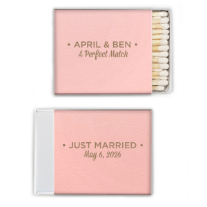 The Modern Perfect Match matchbox stylishly displays the couple’s names in bold block letters, framed by dots. Below, “A Perfect Match” in traditional script adds whimsy. The reverse side proclaims “JUST MARRIED,” with the wedding date, melding modern design with romantic charm.