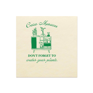 Welcome friends to your new abode with the Botanical Bar Cart Home Entertaining Napkin, adorned with a stylish bar cart and plant graphic and the gentle prompt "Don't forget to water your plants," all below your name or house title in a contemporary script. A charming and practical touch for your housewarming gathering.