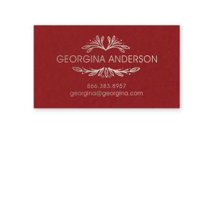 Our beautiful custom Natural Cranberry Business/Calling Card with Satin 18 Kt. Gold Foil has a Rustic Leaf Frame graphic and is good for when you need to have your contact information handy on the go.