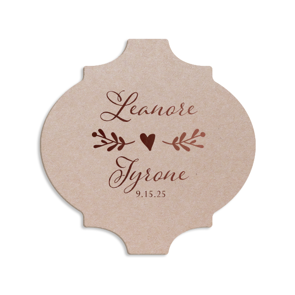 ForYourParty's personalized Eggshell Scallop Coaster with Shiny Rose Quartz Foil has a Twig Flourish graphic and is good for use in Floral and Wedding themed parties and will make your guests swoon. Personalize your party's theme today.