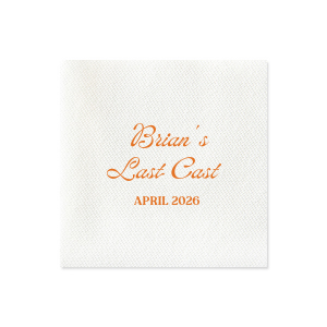 Celebrate the bachelor's final foray into singlehood with the Last Cast Bachelor Party Napkin, featuring the guest of honor's name in a vintage inspired script, the emblematic "Last Cast" phrase, and the event date in a straightforward serif font. A classic touch for a fishing retreat-themed bachelor bash.
