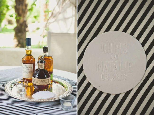 Embossed coasters at their backyard wedding