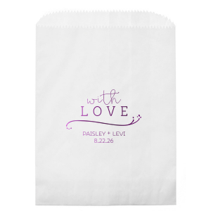 Gift with heart using the Whimsical With Love Bag, where 'with' dances in playful script above a bold 'LOVE.' A delicate flourish adds grace, and the couple's names with the event date bring a personal touch to this charming token of affection.