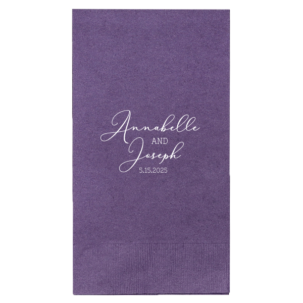 The Delicate Script Names and Date Wedding Napkin weaves an air of timeless elegance, with celebrants' names and event date displayed in a lace-like delicate script, creating an aura of classic romance perfect for gracing any matrimonial celebration with charm and sophistication.