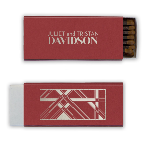 Ignite elegance with the Art Deco Match, a tribute to chic, symmetrical design. One side features the couple’s first names in linear print, accentuated by their last name in bold, all-caps block print. The other side boasts an impactful Art Deco pattern, perfectly encapsulating this iconic, streamlined aesthetic.
