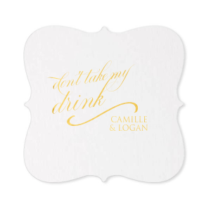 Add a touch of glamour to your gathering with the Don't Take My Drink Glam Coaster. Shaped like a unique ornament, it declares “don’t take my drink” in elegant script with a flair. Featuring the couple’s names, it’s a memorable marker that celebrates both your drink and the newlyweds!