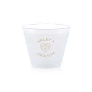 ForYourParty's elegant Gold Ink 20oz Frost Flex Cup with Gold Ink Cup Ink Colors has a Geo Heart graphic and is good for use in Hearts, Geometric, Wedding themed parties and will make your guests swoon. Personalize your party's theme today.