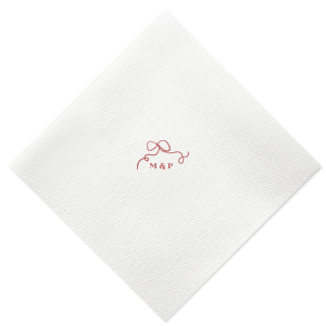 Embrace the essence of your wedding day with the Loopy Love Bow Napkin, customized with the couple's initials and adorned with a unique loopy bow graphic. A playful yet elegant touch for your matrimonial celebration.