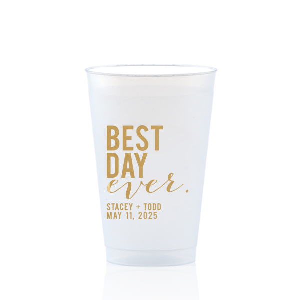 Raise a toast with the Best Day Ever Block Names Frosted Cup, where celebration is in every sip. It boldly declares "BEST DAY" in large, all-caps block letters, dramatically over "ever," in playful script. This emphatic statement is underscored by the couple's names and event date, making every drink a festive cheer.