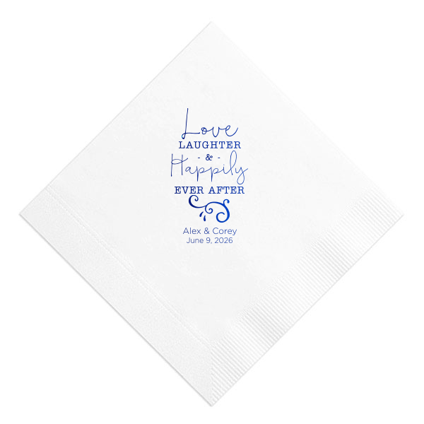 The Dynamic Stacked Love Laughter Wedding Napkin design exudes gaiety with its stacked "Love, Laughter & Happily Ever After" phrase in varied fonts, reminiscent of a melody. A large scrolling flourish with spark-like details adds dynamism. Below, the couple's names and date anchor this vibrant, joyous theme.