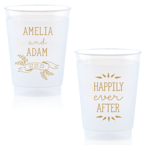 Our beautiful custom Gold Ink 14 oz Frost Flex Cup with Gold Ink Cup Ink Colors has a Twig Banner graphic and is good for use in Wedding, Floral themed parties and will add that special attention to detail that cannot be overlooked.