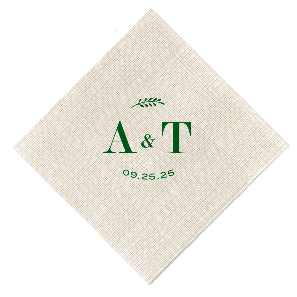Set the scene for sophisticated celebration with the Contemporary Leaf Monogram Wedding Napkin, featuring sleek initials, a single leaf motif, and the special date, all combining for a chic, memorable accent to your event's décor.