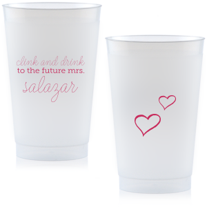 Customize Clink & Drink cups for a smashing addition to your bridal shower or bachelorette party! The Fuchsia print, hand lettered script and little hearts give a playful feminine touch your bride will love. Fun in the moment, they also make fabulous personalized party favors.