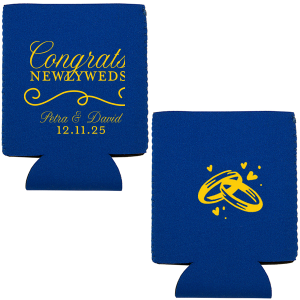 The ever-popular Royal Blue Flat Can Cooler with Gold Ink Cup Ink Colors has a Fancy Flourish 2 graphic and a Wedding Rings graphic and is good for use in Wedding, Anniversary, Love themed parties and can't be beat. Showcase your style in every detail of your party's theme!