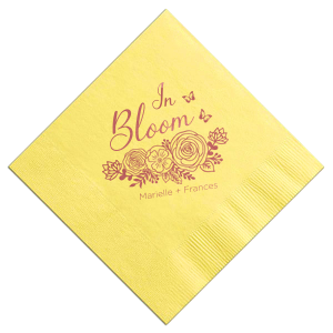 Custom Mimosa/Yellow Cocktail Napkin with Shiny Rose Quartz Foil has a Butterfly Rose Bunch graphic and is good for use in Spring, Easter, Wedding, Bridal Shower and Baby Shower themed parties and can be customized to complement every last detail of your party.
