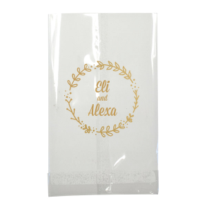 Our custom Satin 18 Kt. Gold Small Cellophane Bag with Satin 18 Kt. Gold Foil has a Leaf Frame graphic and is good for use in Floral themed parties and are a must-have for your next event—whatever the celebration!
