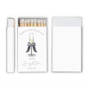 Light up the night with style using the Pearls and Prosecco Full Color Matchbox. Ink printed in full color alongside customizable text, the elegant matchbox makes for a warm keepsake, lighting memories for years to come.