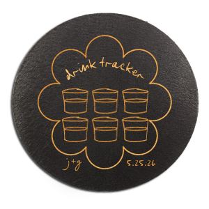 Keep tabs on the evening's libations with the Kitschy Cocktail Hour Drink Tracker Coaster, an inventive element for a whimsical and modern wedding. This unique coaster features floral-framed modern line drawings of glasses, providing a chic way for guests to mark their drink count. Personalize with the couple's initials and wedding date for a functional yet stylish keepsake.