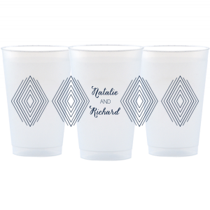 Our custom 10 oz Frost Flex Cup with Matte Navy Ink has a Linear Diamond Pattern graphic and is good for use in Geometric themed parties and will impress guests like no other. Make this party unforgettable.