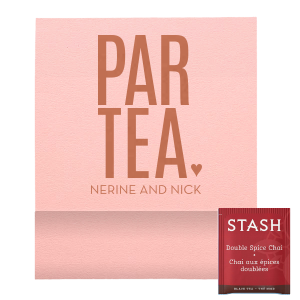 Bring whimsy to any celebration with the ParTea Favor, showcasing 'Par' atop 'Tea' and a playful heart. This clever twist on 'Party' adds a dash of creativity and charm, ready to hold whatever fun favors the couple chooses.