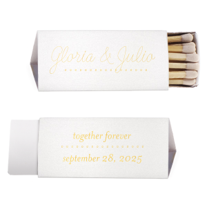 Our beautiful custom Stardream Crystal White Triangle Matchbox with Shiny 18 Kt Gold Foil can be customized to complement every last detail of your party.