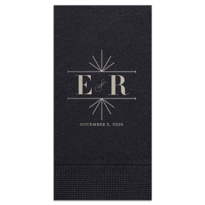 Embrace the glamour of yesteryear with the Deco Frame Initials Guest Towel, featuring a sleek double-line frame with bursting rays and an ornate ampersand. Initials take the spotlight, elegantly flanking this symbol of unity, with the event date gracing the bottom.