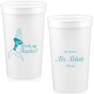 Sip Up Siren. Dive into bachelorette fun with the Drink Up Beaches Mermaid Cup. Featuring a stunning mermaid graphic and the cheeky phrase “Drink Up Beaches,” this design is perfect for celebrating the bride-to-be’s magical journey to becoming the future Mrs. Ideal for those who embrace the enchanting allure and playful spirit of mermaids.

