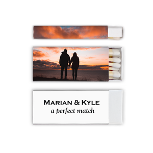 Our beautiful custom White Classic Custom Photo Matchbox with Matte Black Ink Digital Print Colors and Matte Fuchsia Ink Digital Print Colors will impress guests like no other. Make this party unforgettable.