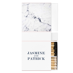 Our custom White Classic Custom Photo Matchbox with Matte Navy Ink Digital Print Colors and Matte Slate Gray Ink Digital Print Colors can be customized to complement every last detail of your party.