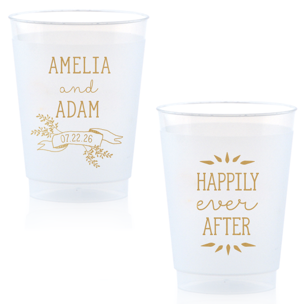 Our beautiful custom Gold Ink 14 oz Frost Flex Cup with Gold Ink Cup Ink Colors has a Twig Banner graphic and is good for use in Wedding, Floral themed parties and will add that special attention to detail that cannot be overlooked.