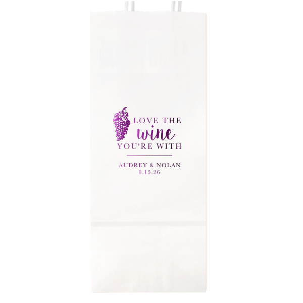 ForYourParty's personalized White Wine Gift Bag with Shiny Amethyst Foil Color has a Grapes graphic and is good for use in Wine themed parties and will look fabulous with your unique touch. Your guests will agree!