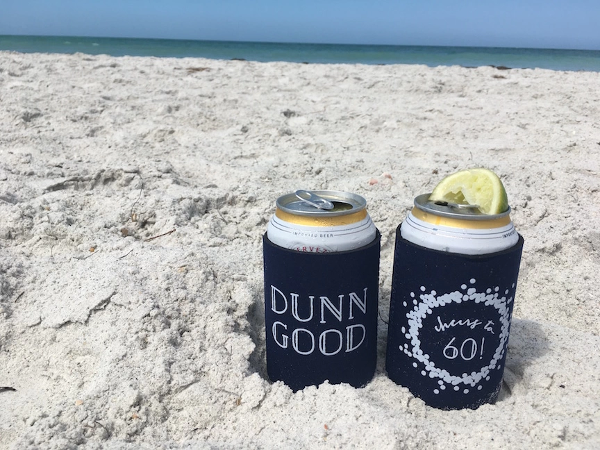 personalized koozie at the beach 