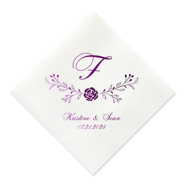 Custom Pastel Pink Linen Like Cocktail Napkin with Shiny Amethyst Foil has a Floral Vine graphic and is good for use in Wedding and Garden Party themed parties and will add that special attention to detail that cannot be overlooked.