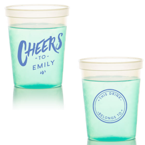 Celebrate with the Personal Cheers Cup, a dual-sided design featuring bold 'CHEERS to' and the celebrant's name on one side. The other side cleverly sports a circle badge reading 'This Drink Belongs To', with space for guests to personalize, combining fun and functionality at any event.