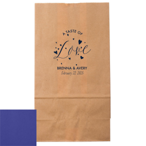 Fill the A Taste of Love Bag with delights as sweet as the sentiment it carries. 'Love' bursts forth, surrounded by joyful hearts, while the couple's names and date below savor the flavor of a heartfelt celebration.