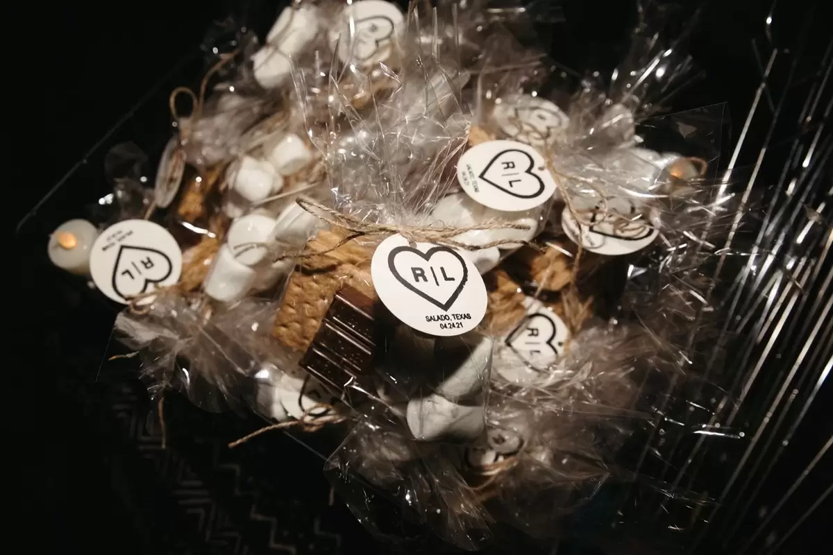 S'mores supplies in a bag with a custom label on it 